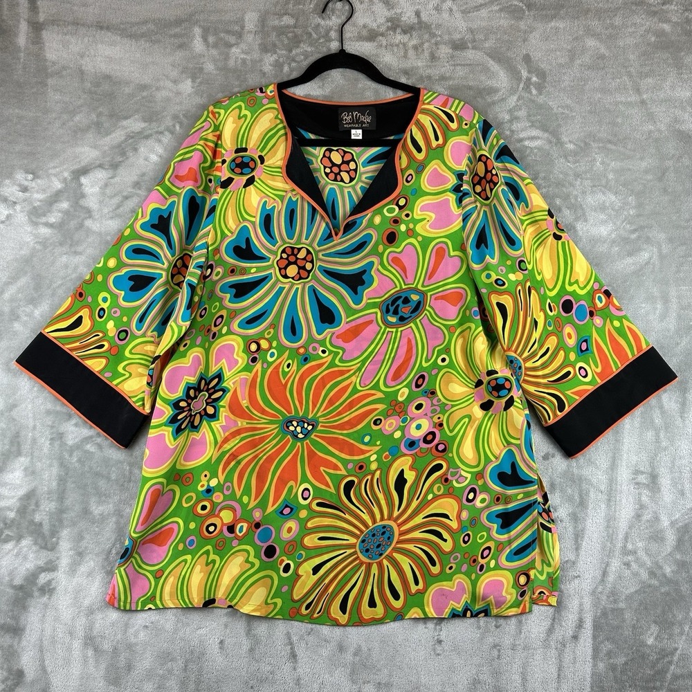 VTG Bob Mackie Wearable Art Blouse Top Women's L Bright Multicolor Silk